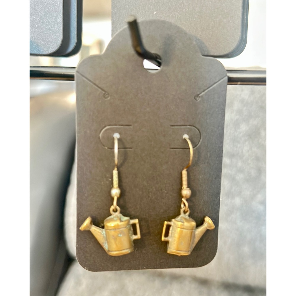 Gold Tone Watering Can Dangle Earrings Gardening Theme Drop Jewelry